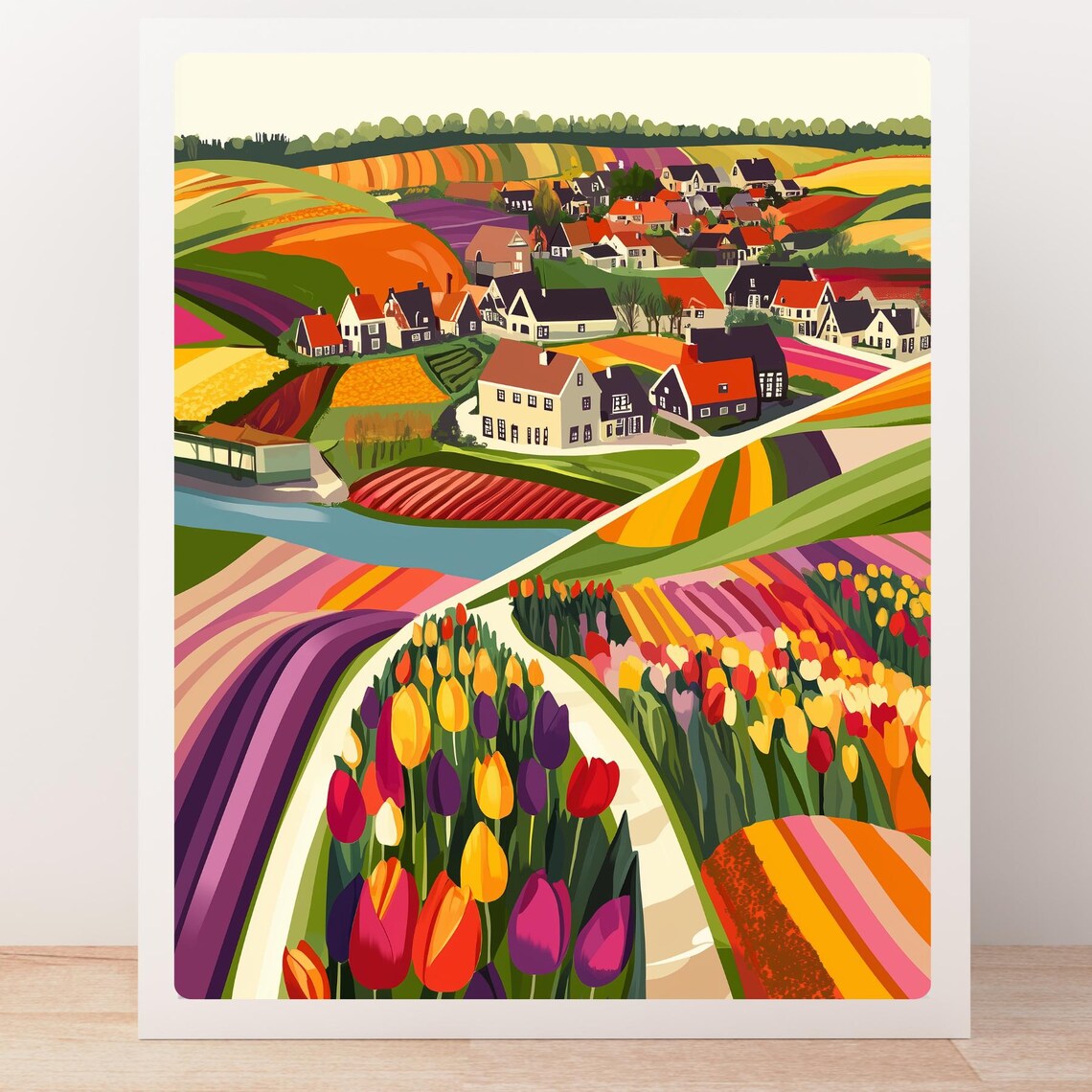 Dutch Tulip Fields Colorful Countryside Village Landscape Poster - Image 5