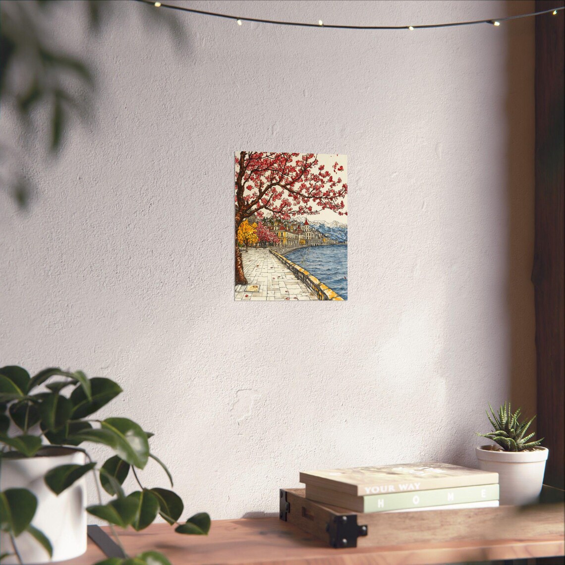 Lake Geneva Cherry Blossoms Promenade Montreux Ink Watercolor Poster - Image 4