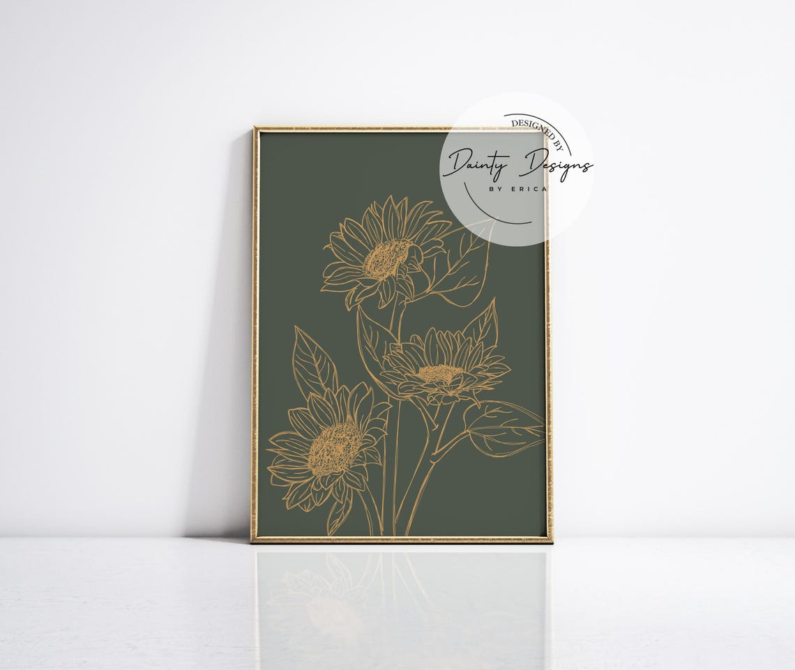 Gold Line Sunflowers Poster Dark Green Floral Botanical Decor - Image 4