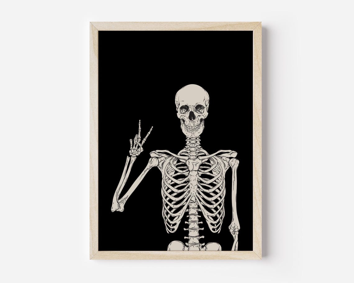 Funny Peace Sign Skeleton Halloween Black Background Art Poster - Image 4