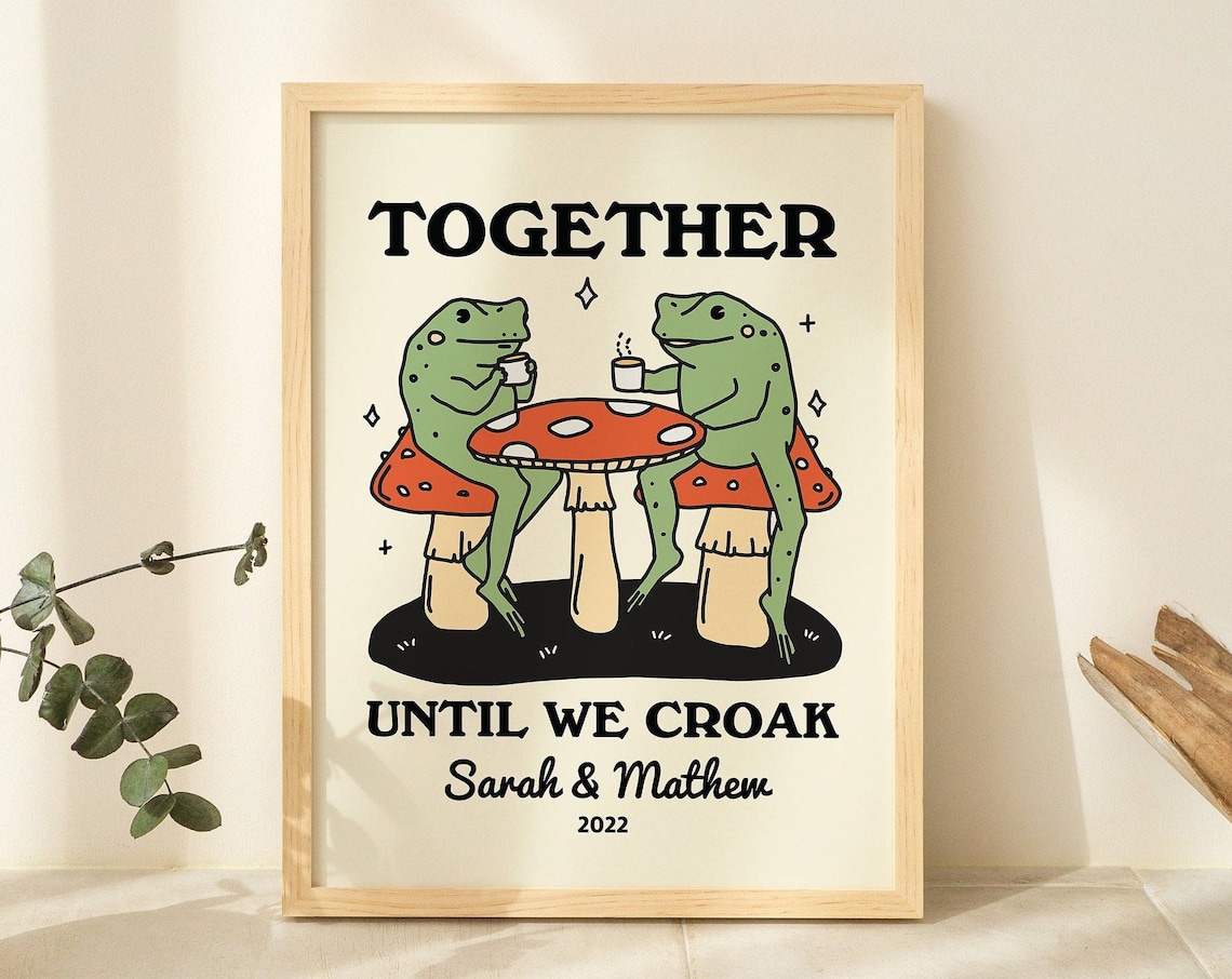 Personalized Couple Frog Illustration, Retro Aesthetic