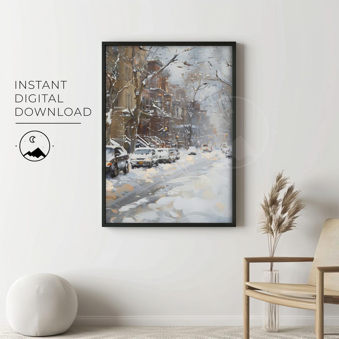 Winter City Street, Snowy Urban Scene Art Print - Image 3