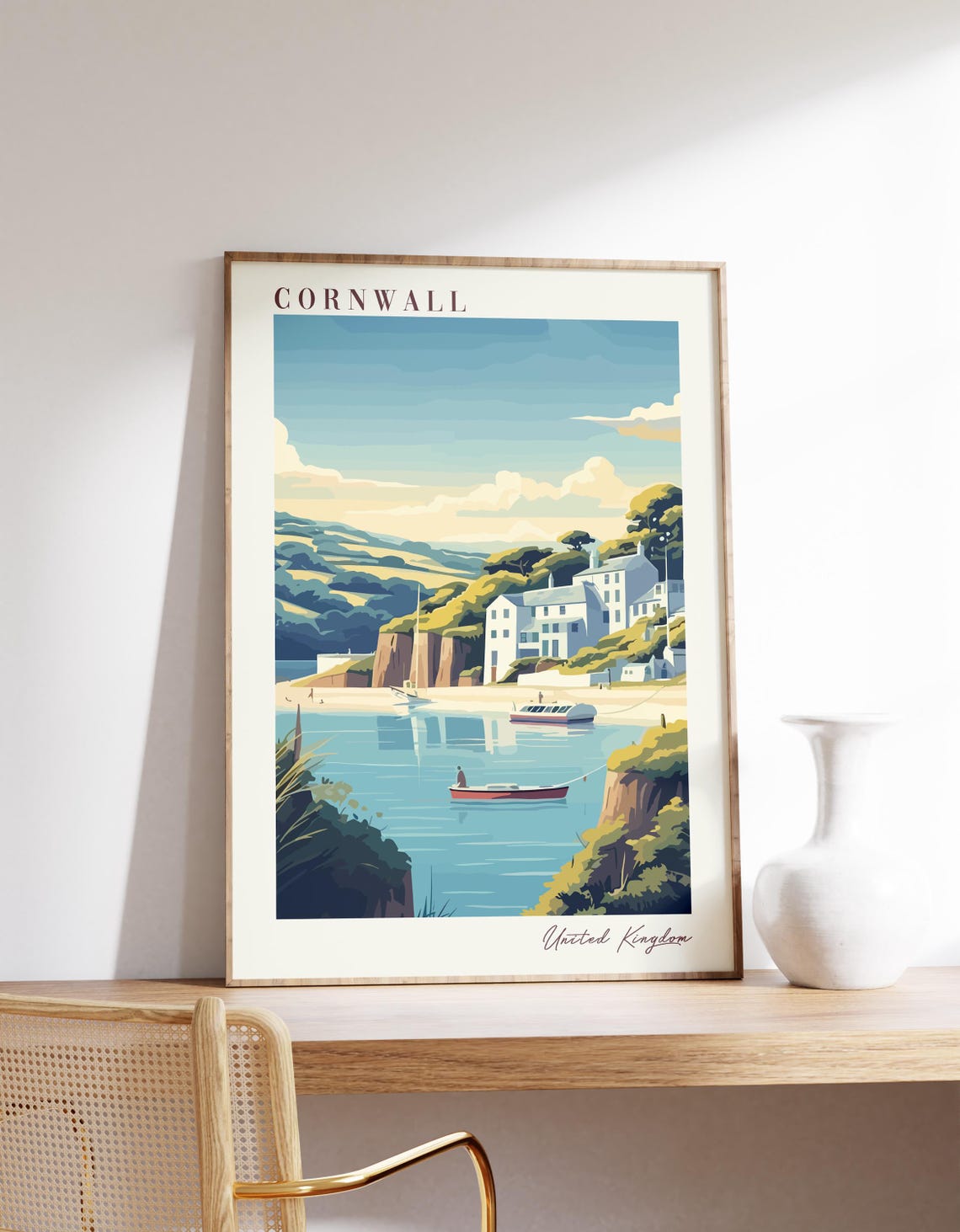 Cornwall England Seaside Village Sailboats Travel Style Poster