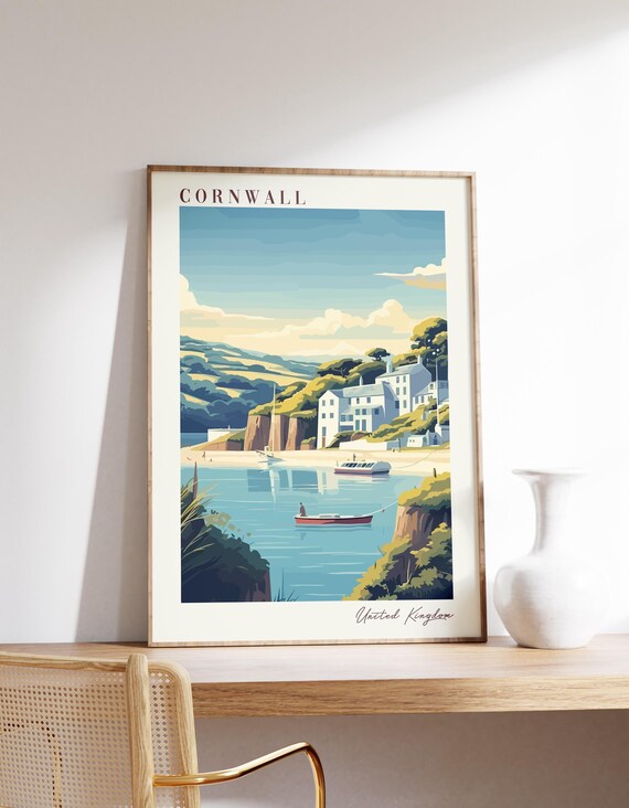 Cornwall England Seaside Village Sailboats Travel Style Poster