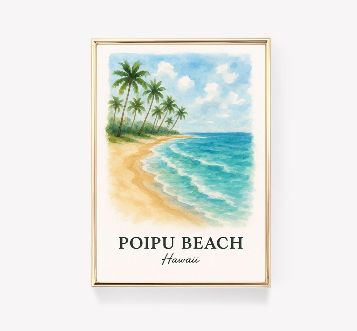 Poipu Beach Hawaii Tropical Palm Tree Watercolor Travel Poster