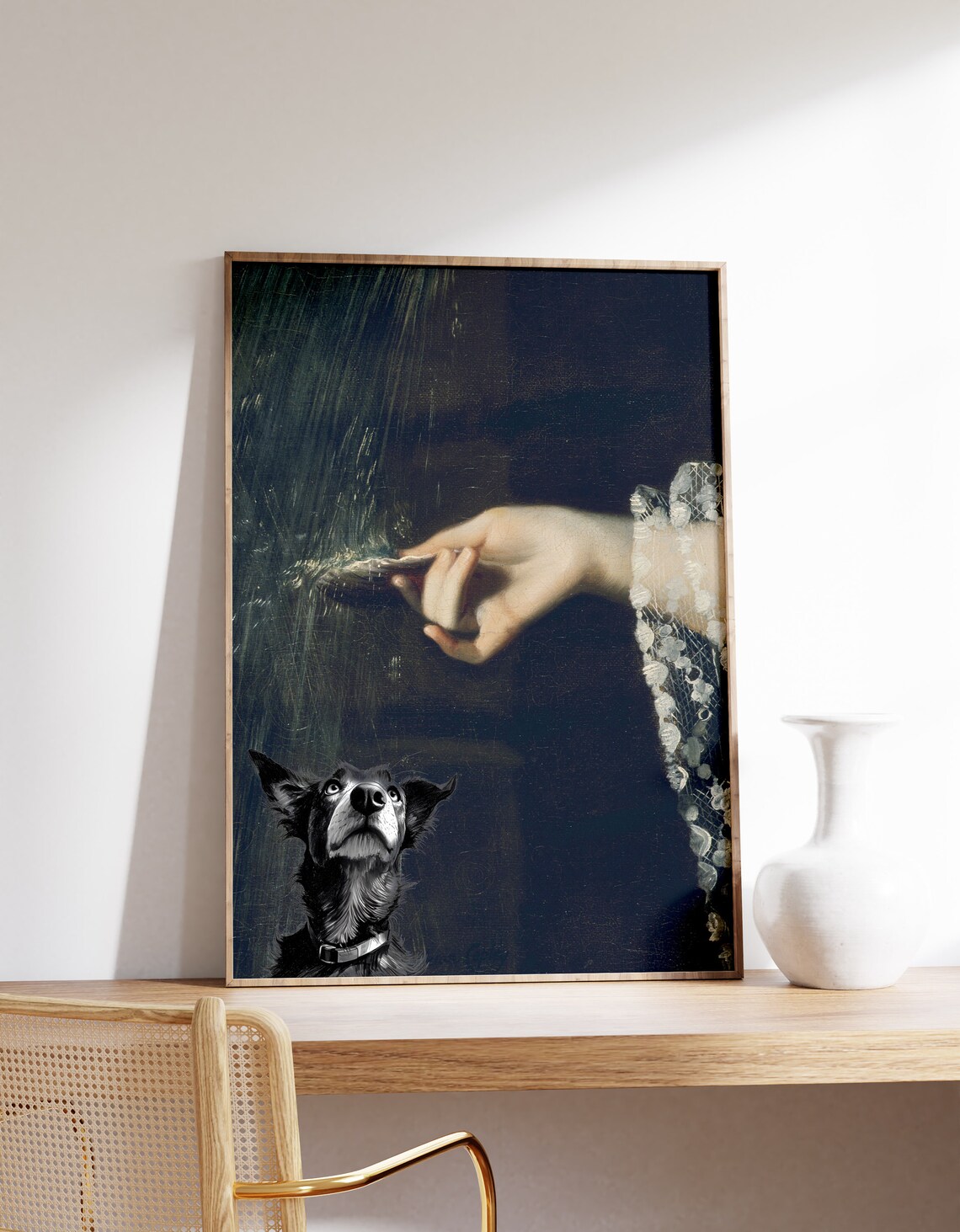 Dark Academia Black Dog Vintage Hand Offering Treat Art Poster