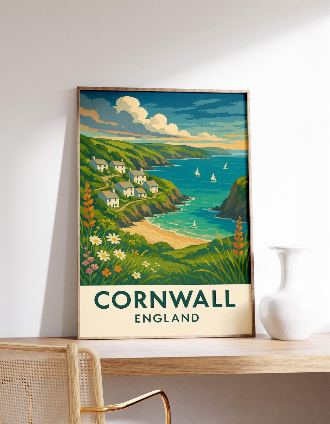 Cornwall England Coastal Village Cliffs Sailboats Travel Poster
