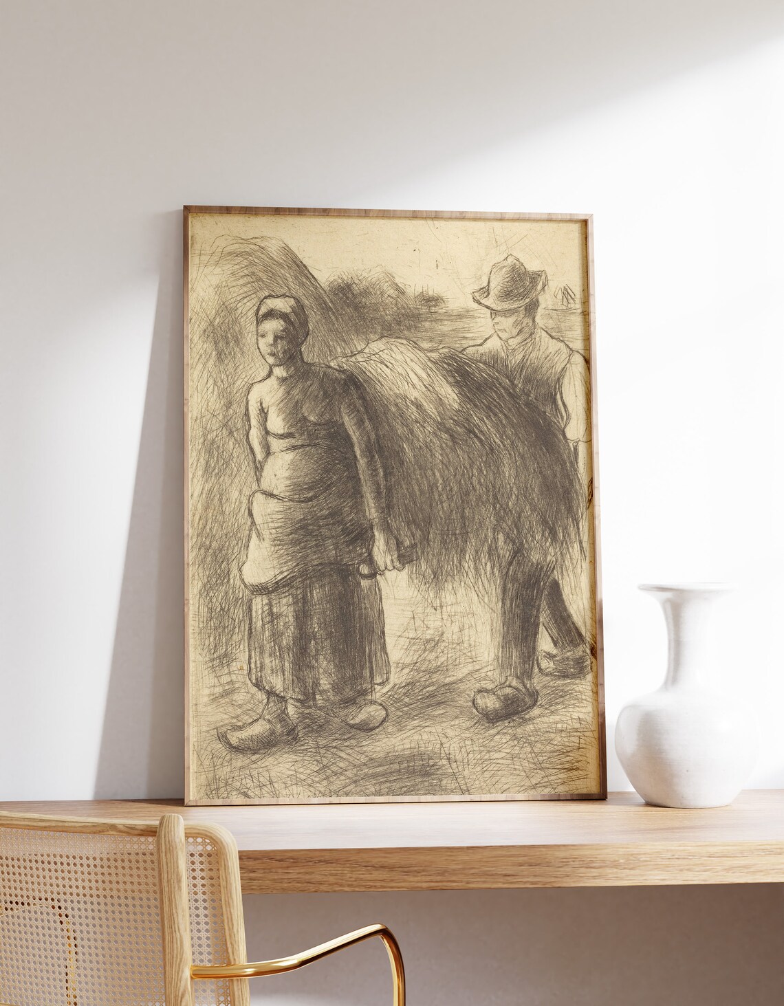 Camille Pissarro Peasants Carrying Hay Vintage Charcoal Sketch Art Print