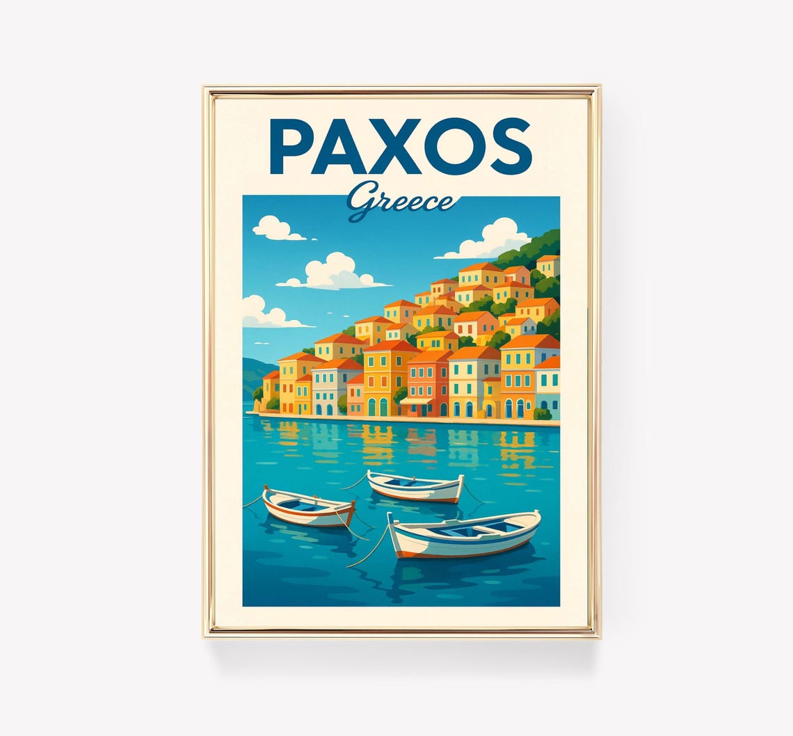 Paxos Greece Harbor Colorful Village Boats Retro Travel Poster