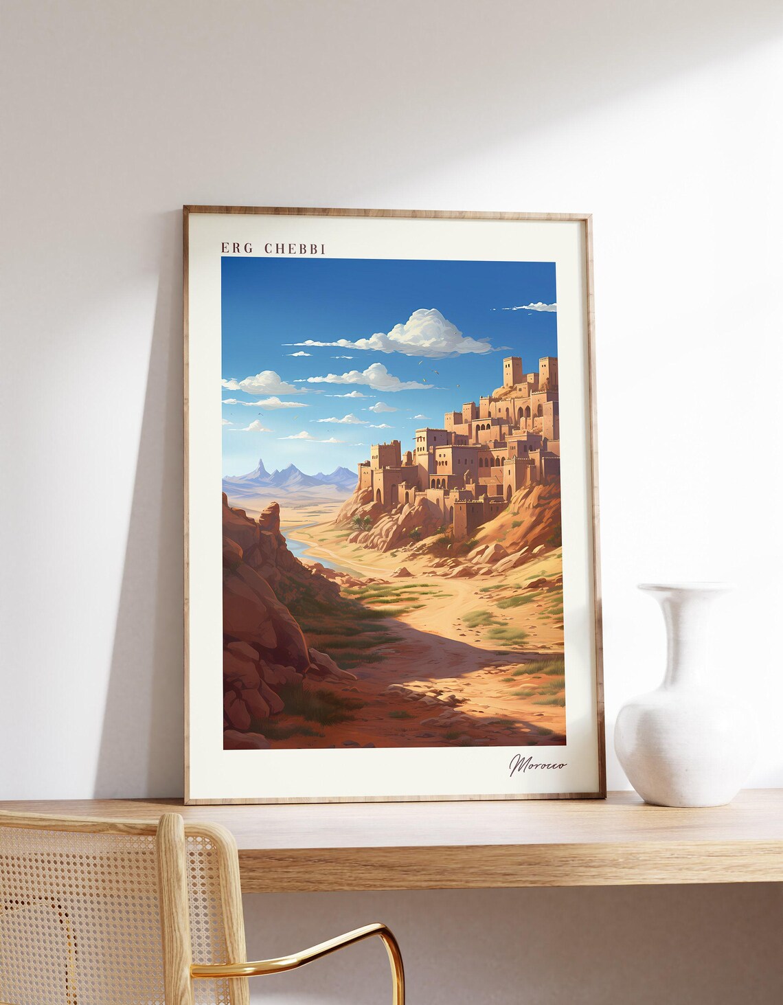 Erg Chebbi Morocco Desert Kasbah Village Sunny Vintage Travel Poster