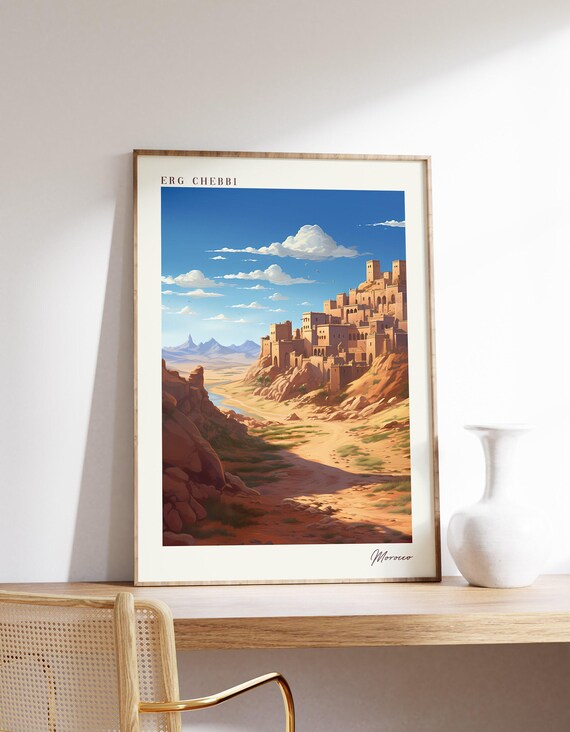 Erg Chebbi Morocco Desert Kasbah Village Sunny Vintage Travel Poster