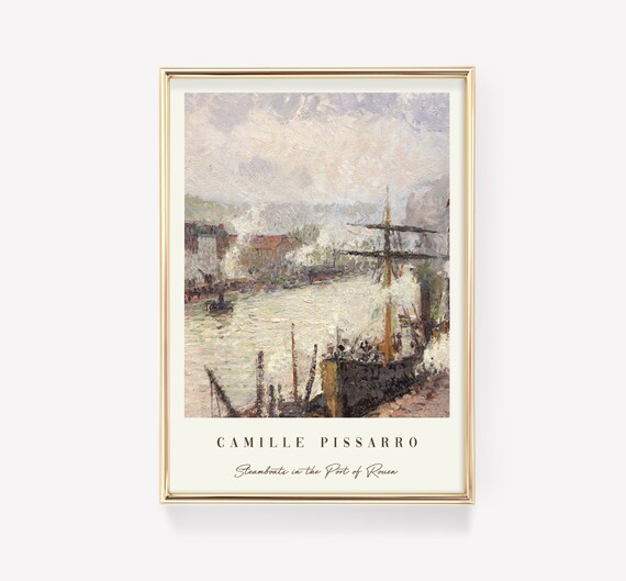 Camille Pissarro Art Print Steamboats In The Port Of Rouen Vintage Mid Century Modern Antique Painting Exhibition Poster