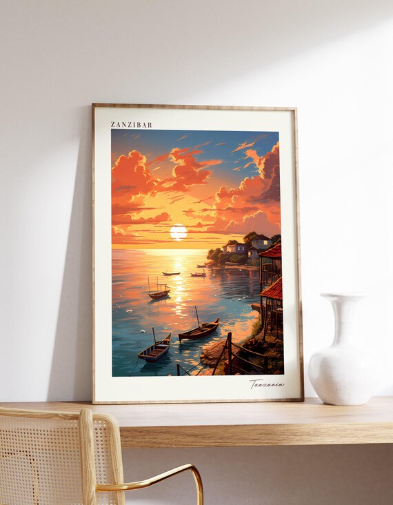 Zanzibar Tanzania Sunset Harbour Fishing Boats Ocean Travel Poster