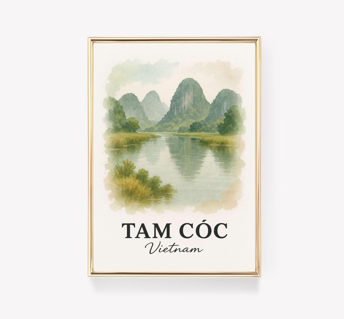 Tam Coc Vietnam Karst Mountains River Watercolor Travel Poster