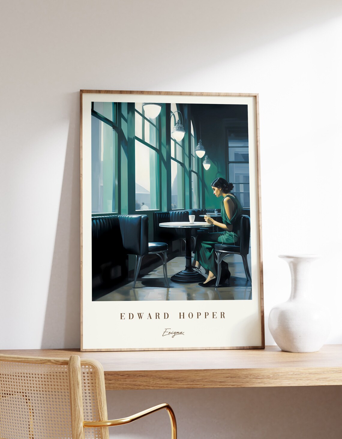 Edward Hopper Inspired Enigma Woman Alone Cafe Green Dress Poster