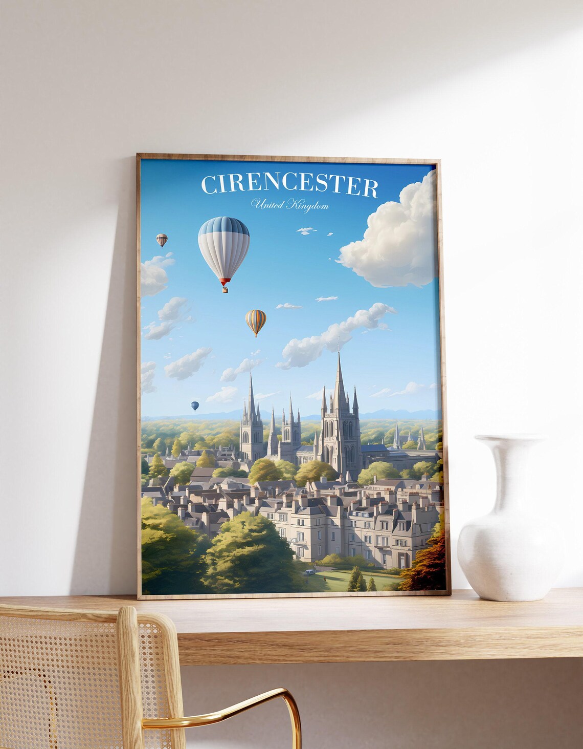 Cirencester England Hot Air Balloons Church Spires Market Town Poster