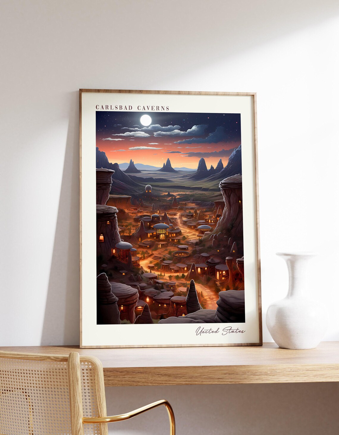 Carlsbad Caverns United States Desert Night Moon Landscape Travel Poster