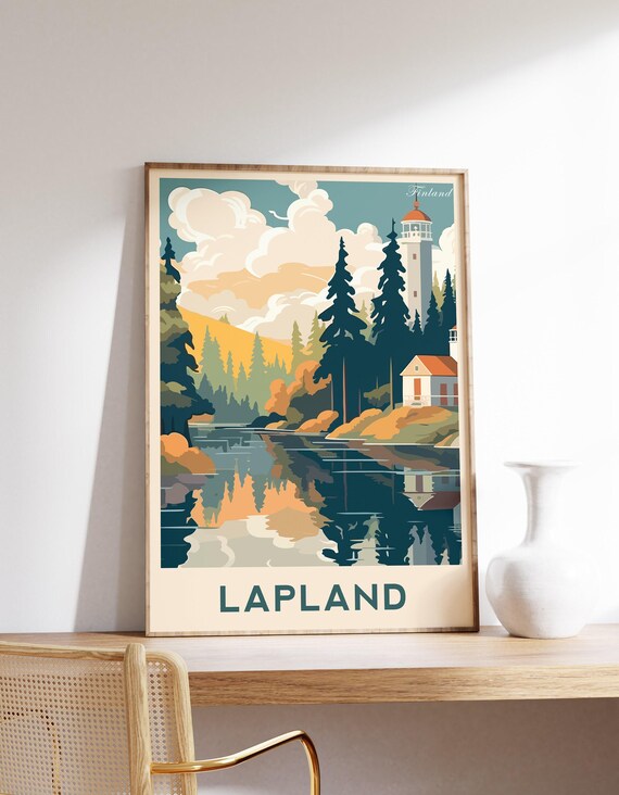 Lapland Finland Lighthouse Pine Lake Retro Vintage Travel Poster