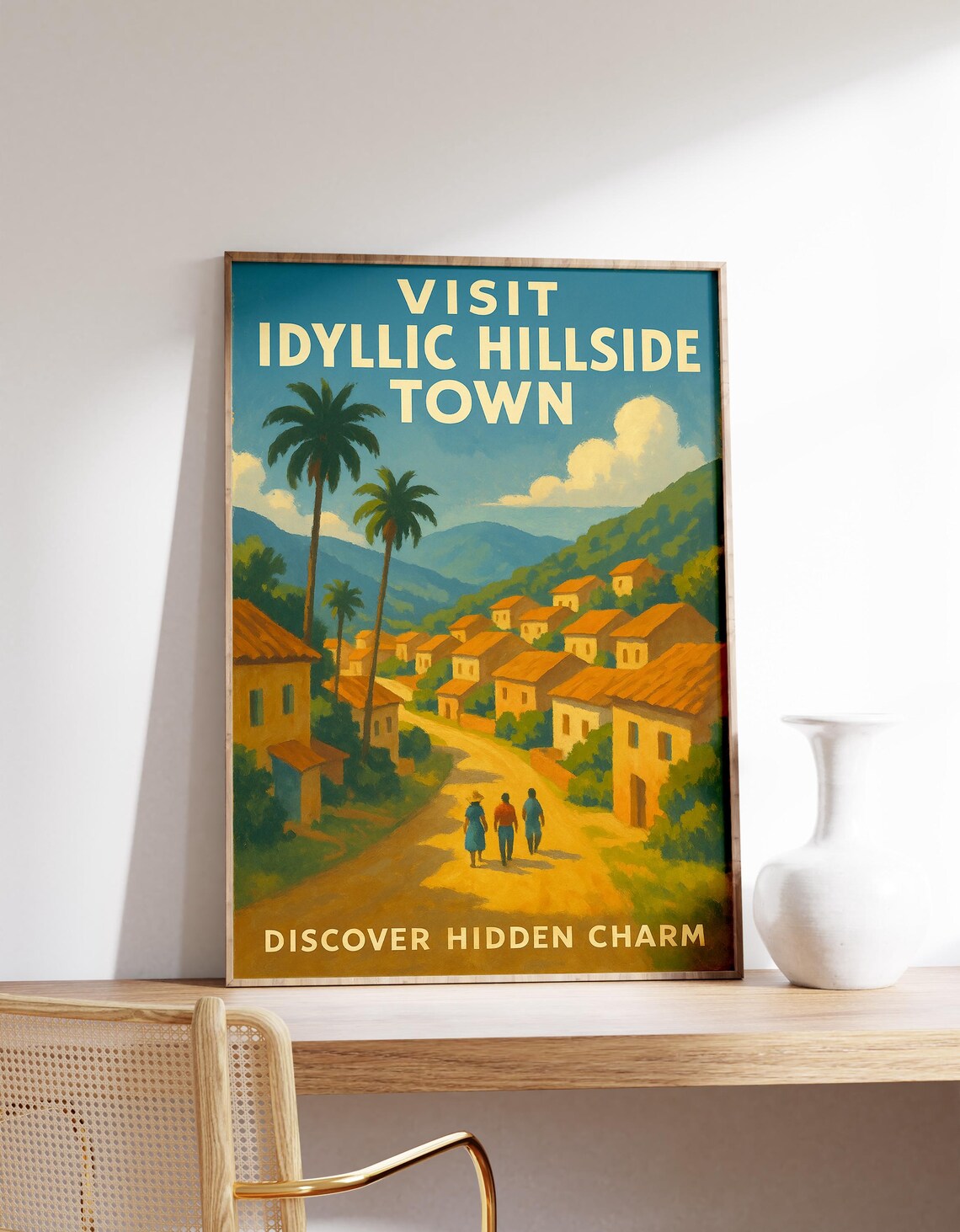 Visit Idyllic Hillside Town Hidden Charm Vintage Travel Poster