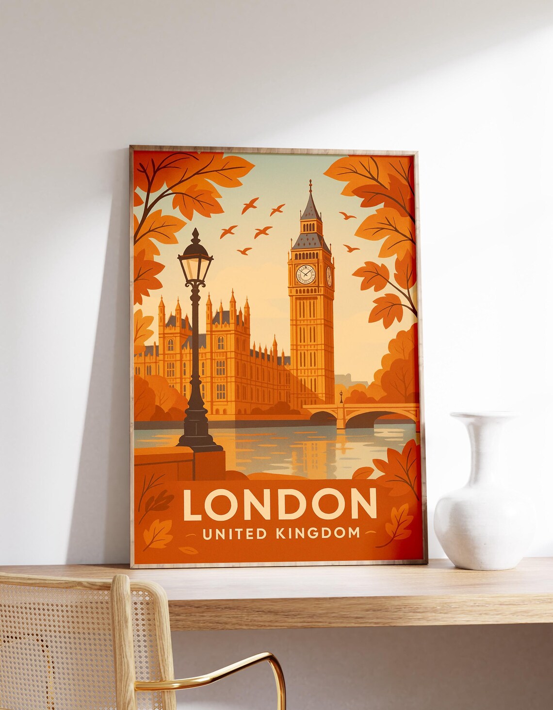 London Big Ben Autumn Leaves Retro Orange Vintage Style Travel Poster