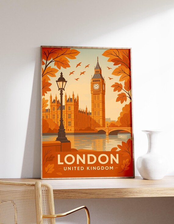 London Autumn Poster Big Ben Wall Art Westminster Fall Print Vintage Decor Uk Travel Gift