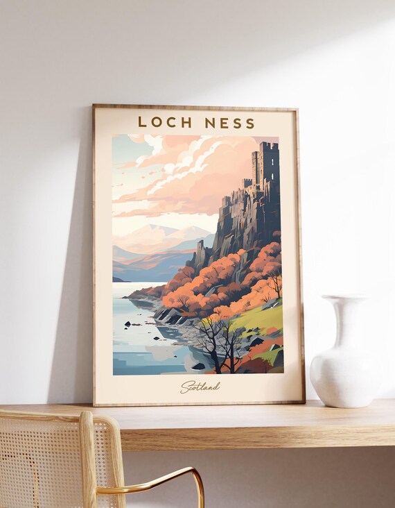 Loch Ness Scotland Castle Shore Autumn Loch Vintage Travel Poster