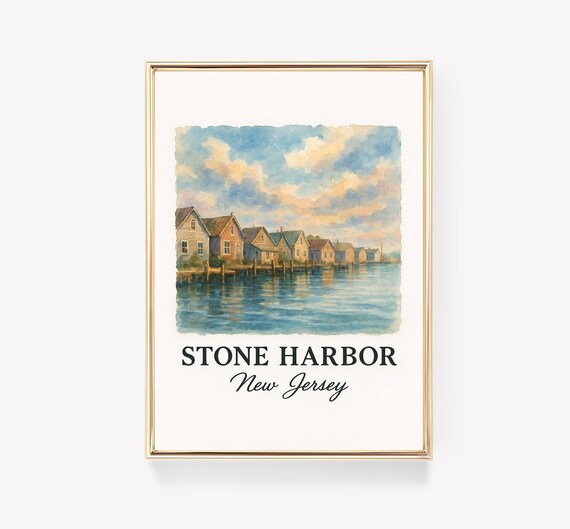 Stone Harbor New Jersey Waterfront Cottages Watercolor Travel Poster