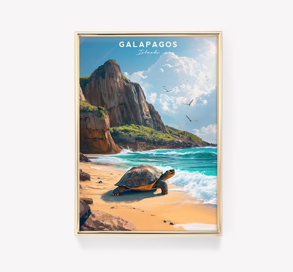 Galapagos Islands Giant Tortoise Beach Wildlife Scene Travel Poster