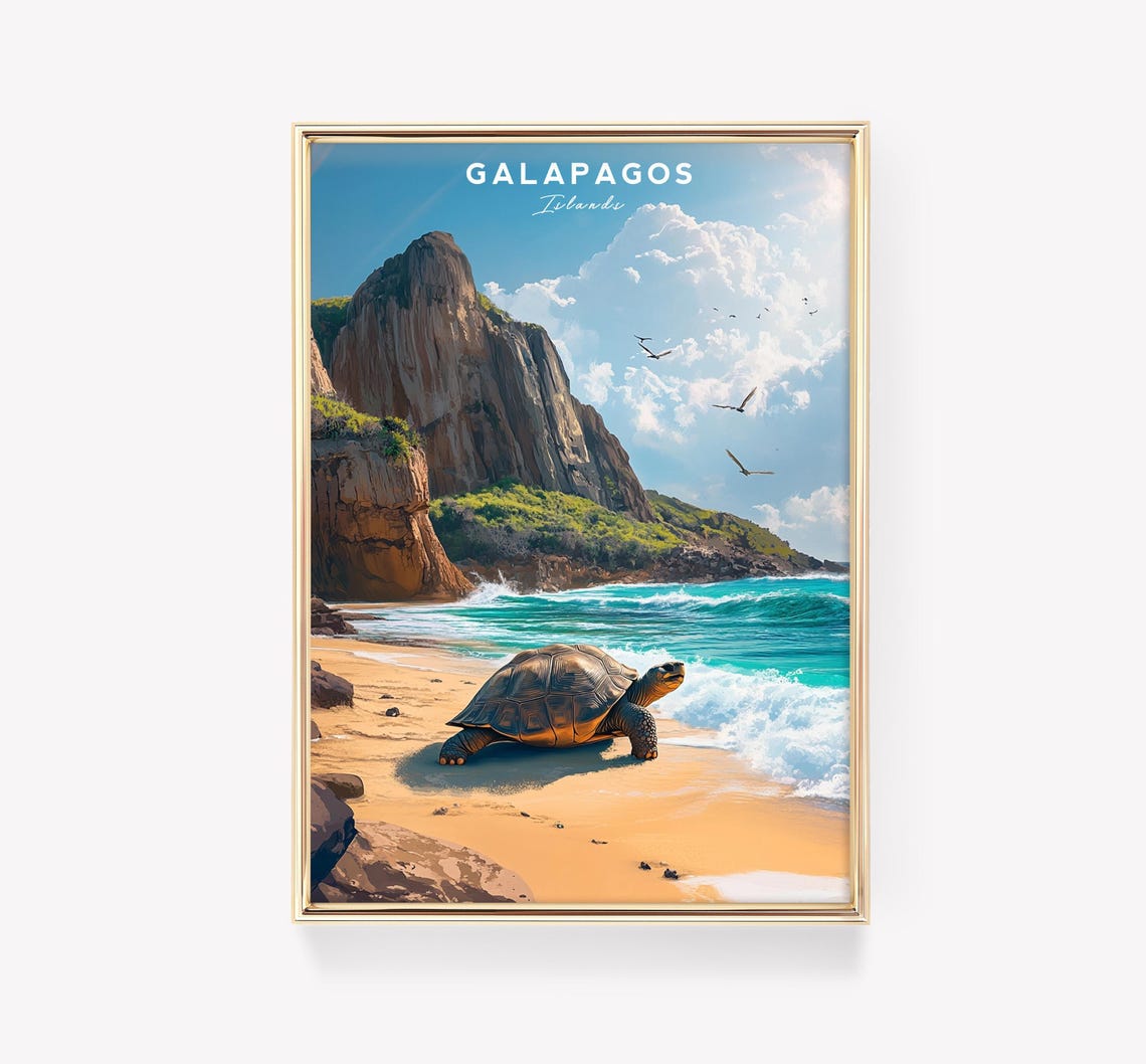 Galapagos Islands Giant Tortoise Beach Wildlife Scene Travel Poster