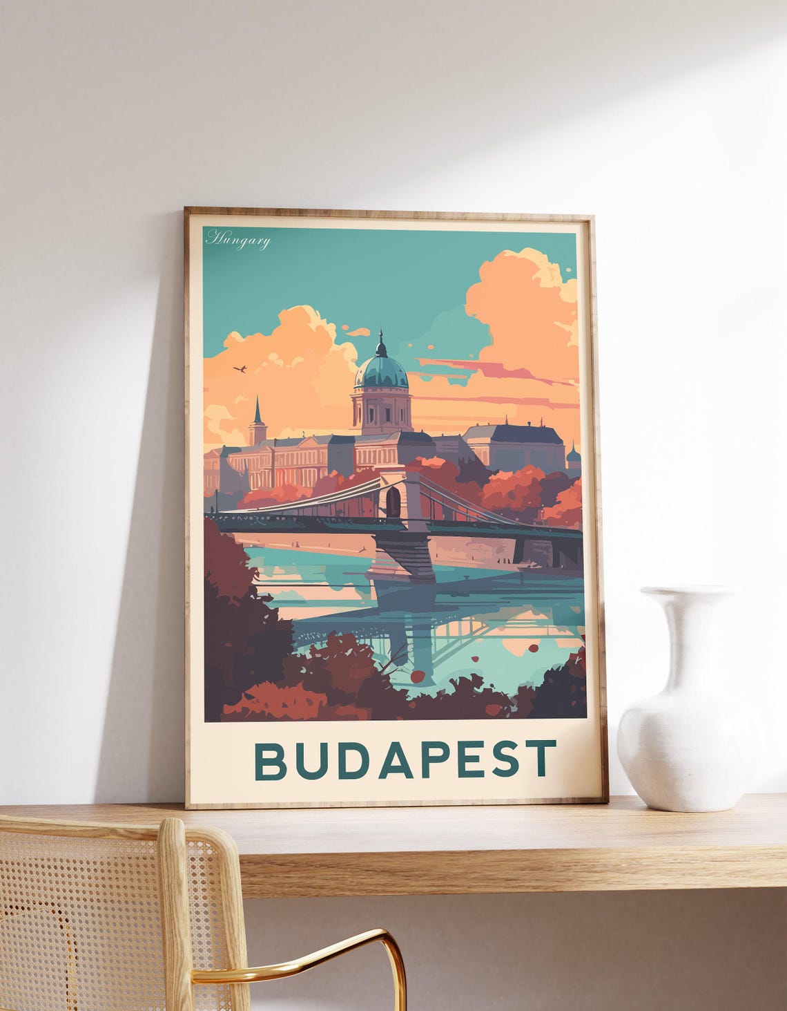 Budapest Hungary Travel Poster Chain Bridge Sunset Vintage Artwork