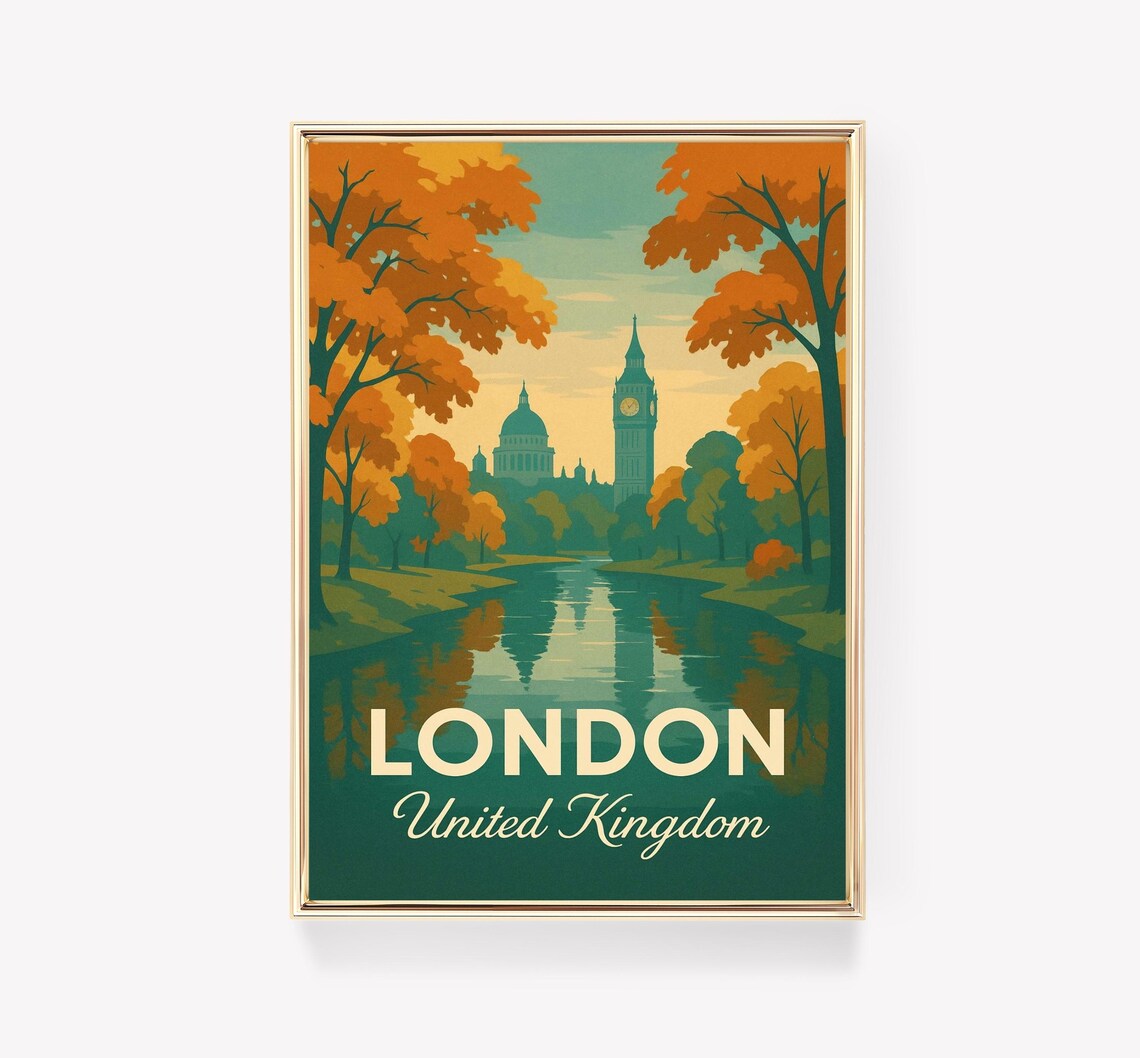 London United Kingdom Autumn Park Vintage Travel Poster Big Ben