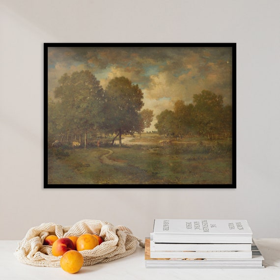 Thodore Rousseau A River In Meadow 1840 Home Decor Painting Poster Print Wall Art Bedroom Bathroom Kitchen Vintage Animal Landscape
