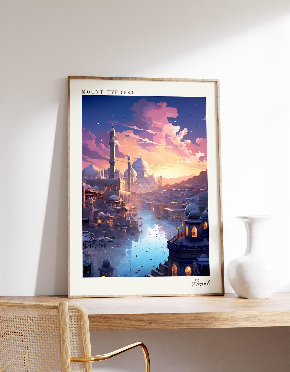 Mount Everest Nepal Sunset Riverside Palace Cityscape Art Poster