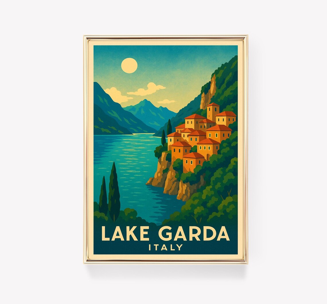 Lake Garda Italy Vintage Travel Poster Lakeside Village Sunset Art Decor