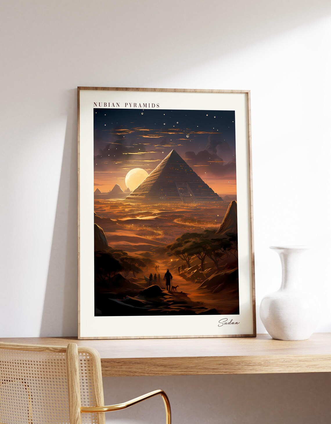 Nubian Pyramids Sudan Travel Poster Night Moon Desert Landscape