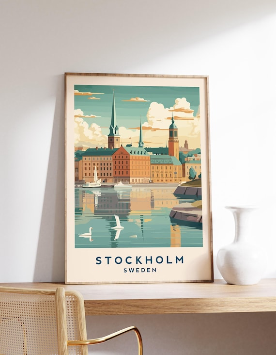 Stockholm Sweden Harbor Church Spires Waterfront Retro Travel Poster