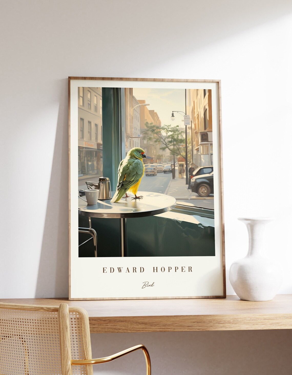 Edward Hopper Bird Green Parrot Cafe Window City Street Art Poster