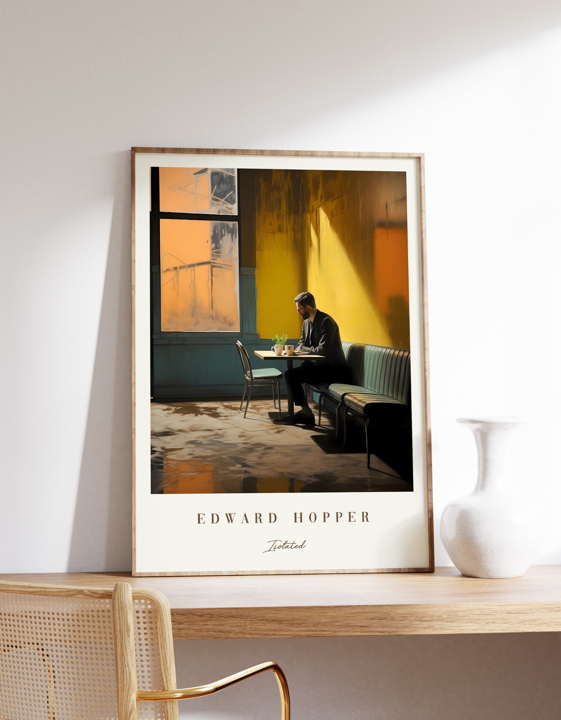 Edward Hopper Inspired Isolated Man Cafe Table Golden Light Poster