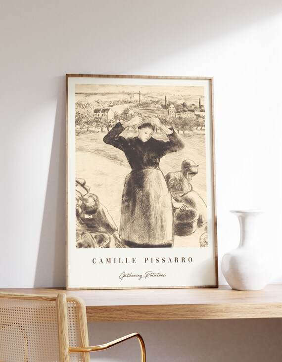Camille Pissarro Art Print Gathering Potatoes Vintage Mid Century Modern Antique Painting Exhibition Poster