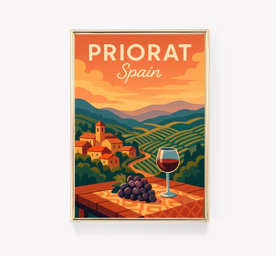Priorat Spain Vineyard Hills Wine Glass Vintage Travel Poster Art