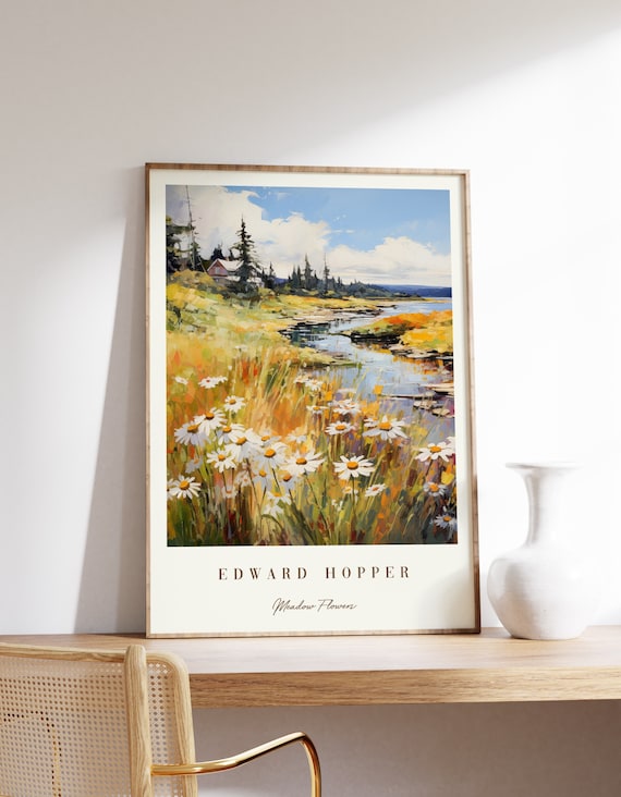 Edward Hopper Style Meadow Flowers Daisy Lake Landscape Art Print