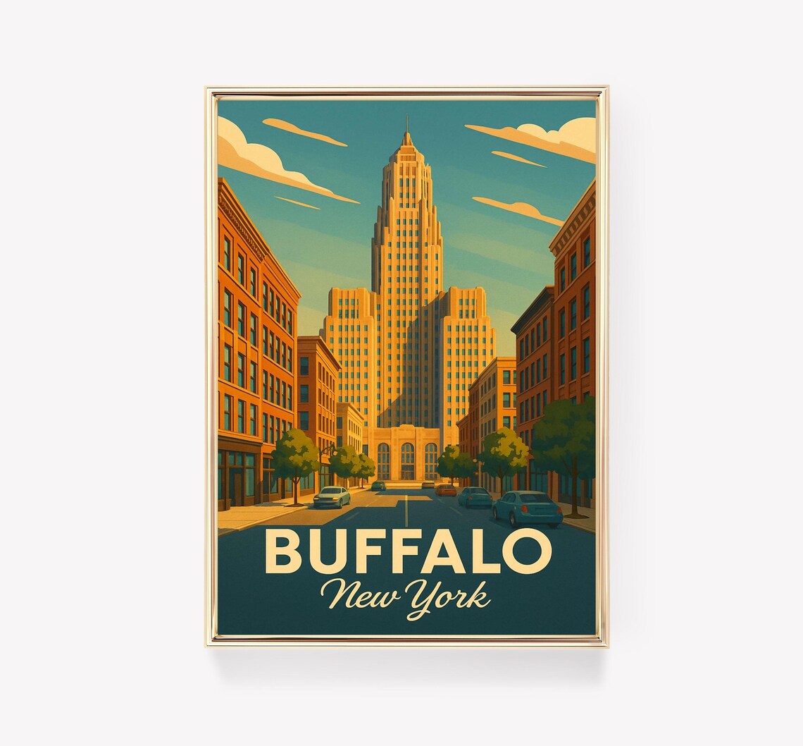 Buffalo New York Vintage Downtown Art Deco Skyline Travel Poster