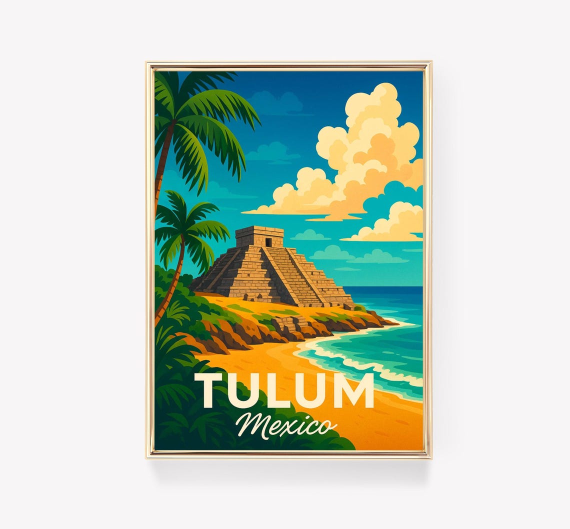 Tulum Mexico Vintage Travel Poster Mayan Pyramid Beach Palms