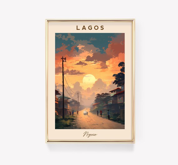 Lagos Nigeria Sunset Street Scene Dramatic Sky Travel Poster Art