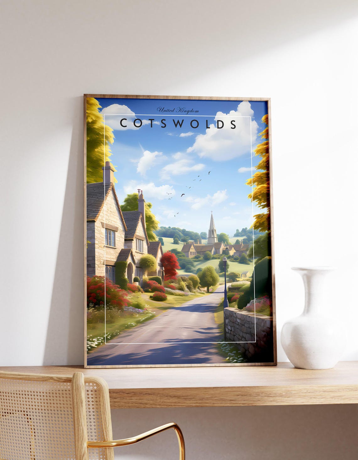 Cotswolds United Kingdom Charming Village Lane Travel Poster Art