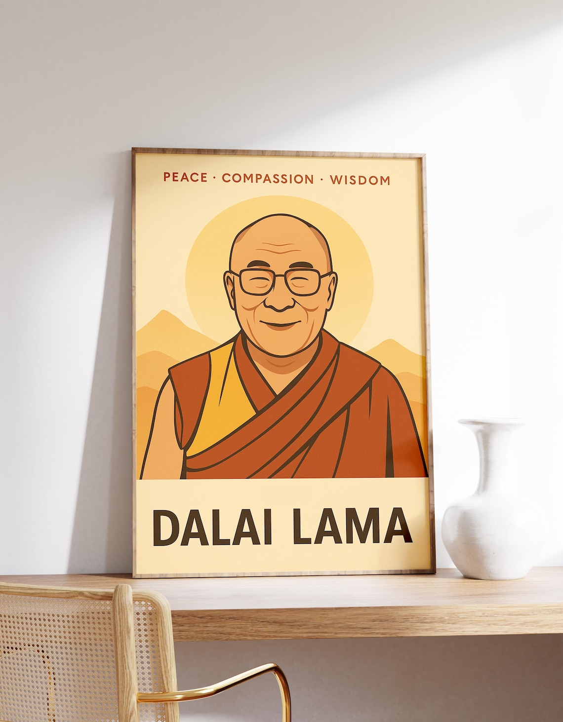 Dalai Lama Peace Compassion Wisdom Vintage Portrait Illustration Poster