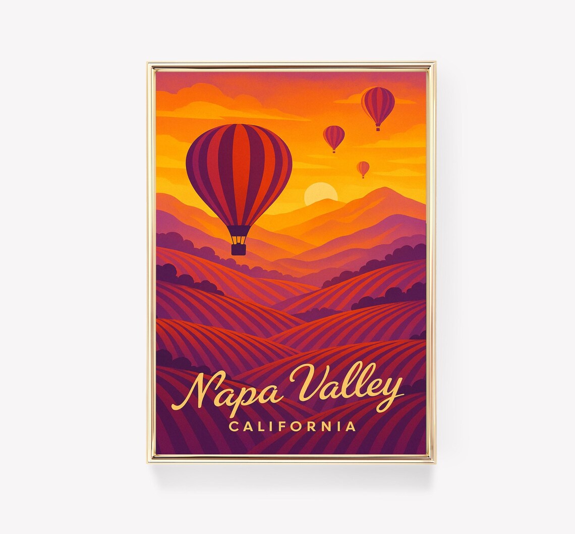 Napa Valley California Hot Air Balloons Vineyard Sunset Poster
