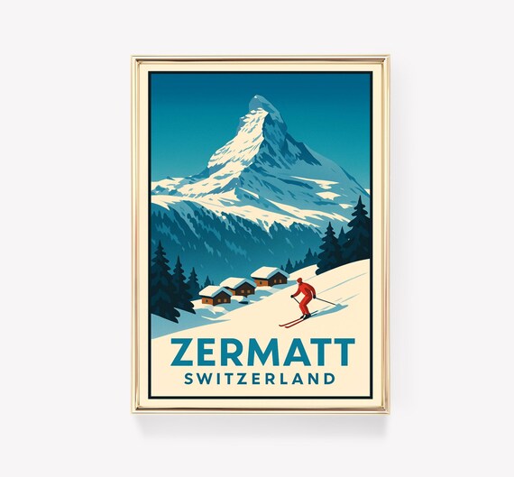 Zermatt Switzerland Matterhorn Skier Vintage Style Travel Poster