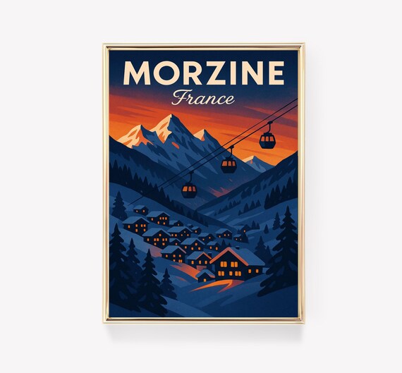 Morzine France Ski Resort Gondola Sunset Vintage Travel Art Poster