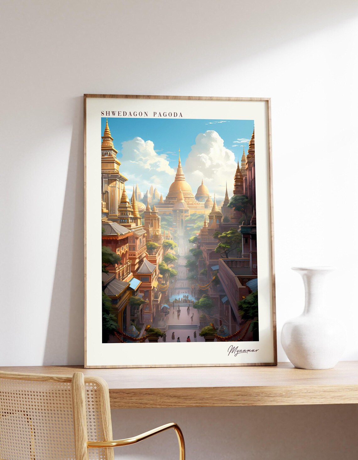 Beautiful Sunlit Shwedagon Pagoda Myanmar Golden Temple Street Poster